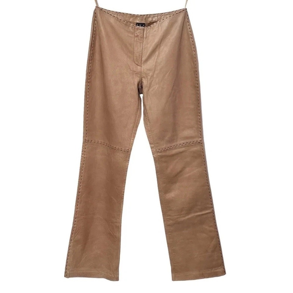 INC Y2K Leather Pants Womens 4 Tan Camel Flare Whipstitch Western Boho Festival